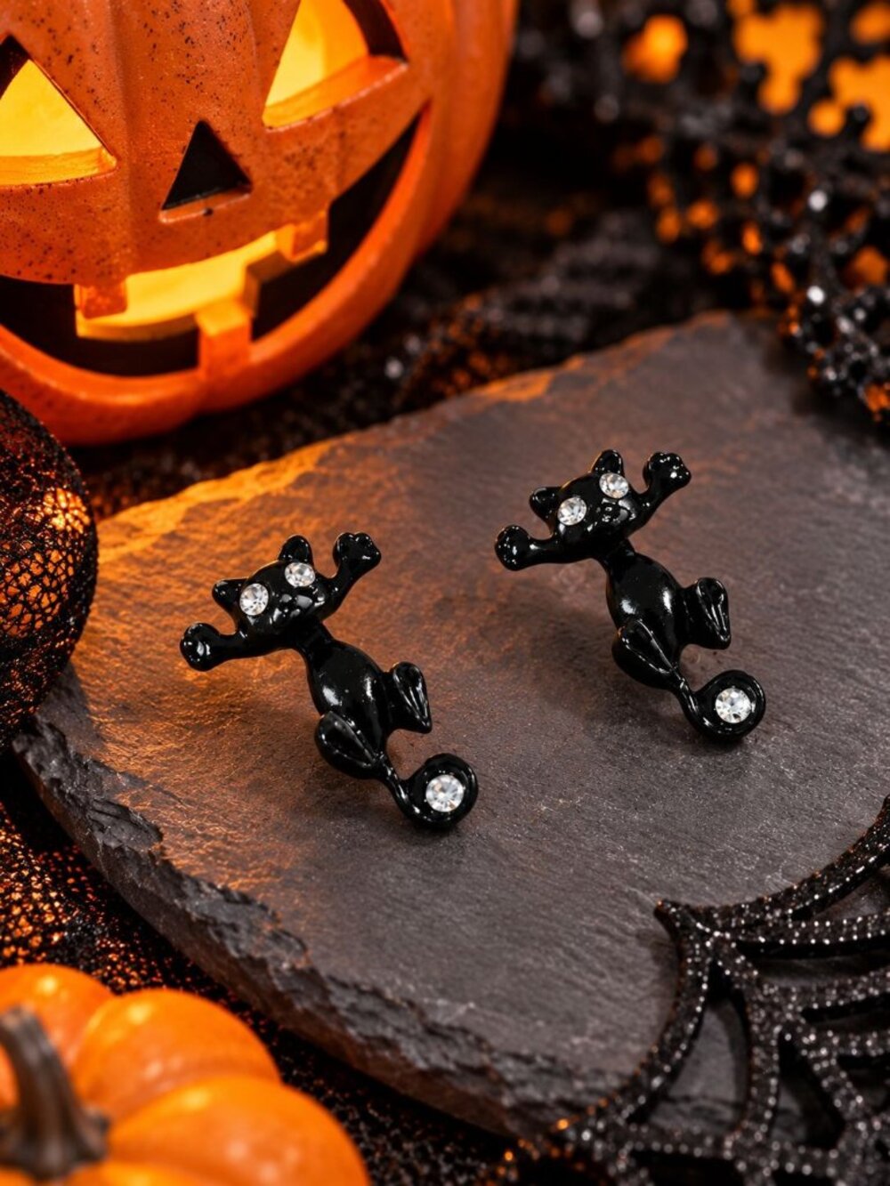 Black Cat Dangle Stud Earrings Rhinestone Eyes Fun Whimsical Jewelry Halloween